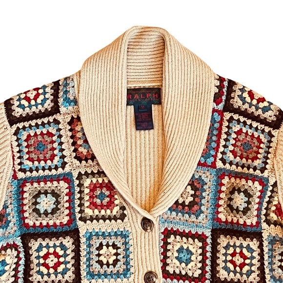 Ralph Lauren Sz S Vintage 1996 Crochet Patchwork Lambswool Cardigan Sweater - Picture 2 of 13